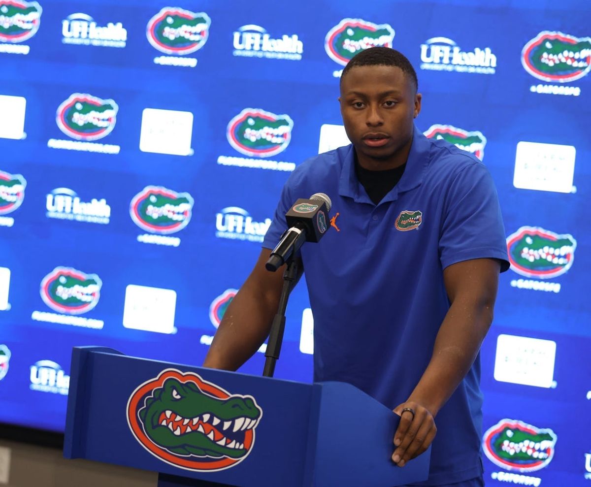 Florida quarterback DJ Lagway (2) takes questions during a press conference about Billy Napier’s firing at Heavener Football Center in Gainesville, FL on Monday, October 20, 2025. [Alan Youngblood/Gainesville Sun]