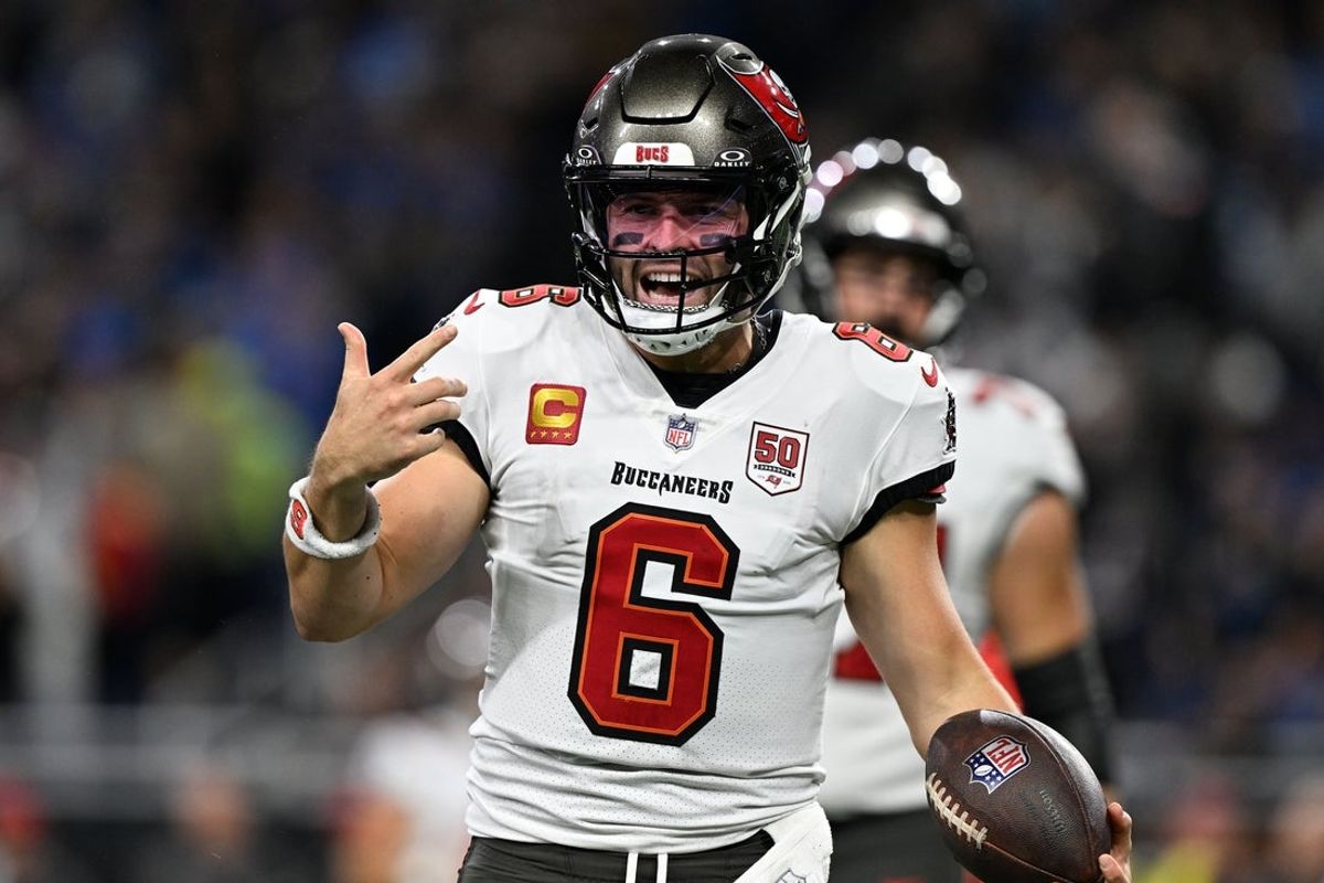 Oct 20, 2025; Detroit, Michigan, USA; Tampa Bay Buccaneers quarterback Baker Mayfield (6) reacts against the Detroit Lions during the first half at Ford Field. Mandatory Credit: Lon Horwedel-Imagn Images