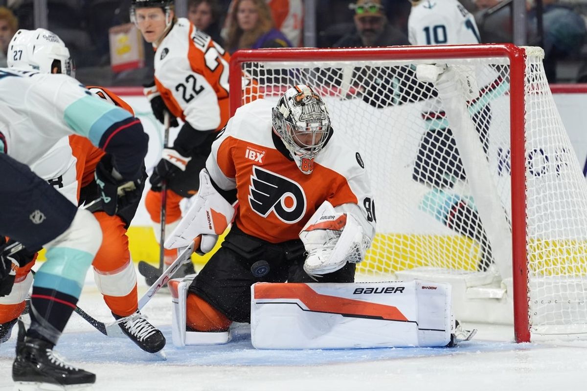 Oct 20, 2025; Philadelphia, Pennsylvania, USA; Philadelphia Flyers goalie Dan Vladar (80) makes a save against the Seattle Kraken in the first period at Xfinity Mobile Arena. Mandatory Credit: Kyle Ross-Imagn Images