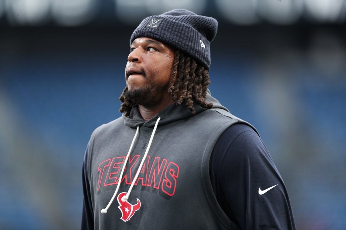 Oct 20, 2025; Seattle, Washington, USA; Houston Texans defensive tackle Tim Settle (98) warms up before the game against the Seattle Seahawks at Lumen Field. Mandatory Credit: Kevin Ng-Imagn Images