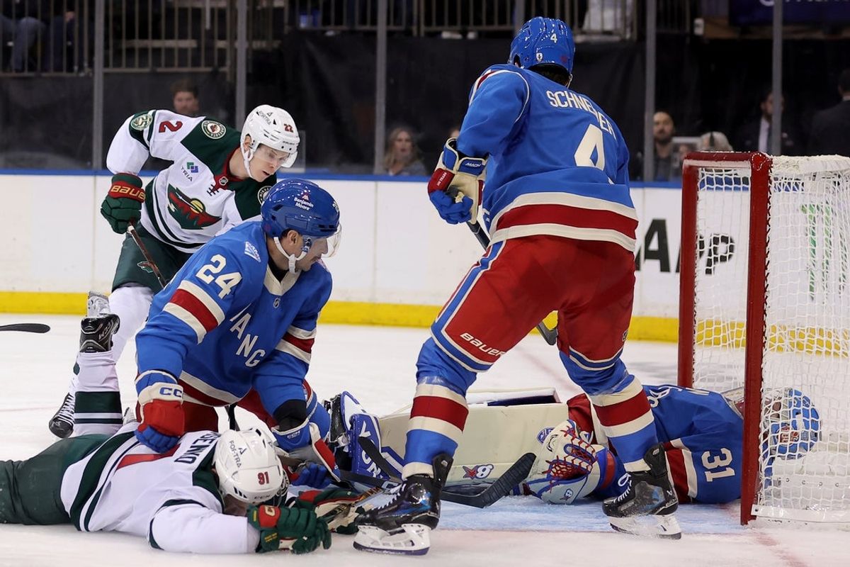 Oct 20, 2025; New York, New York, USA; Minnesota Wild right wing Danila Yurov (22) scores a goal against New York Rangers goaltender Igor Shesterkin (31) during the third period at Madison Square Garden. Mandatory Credit: Brad Penner-Imagn Images