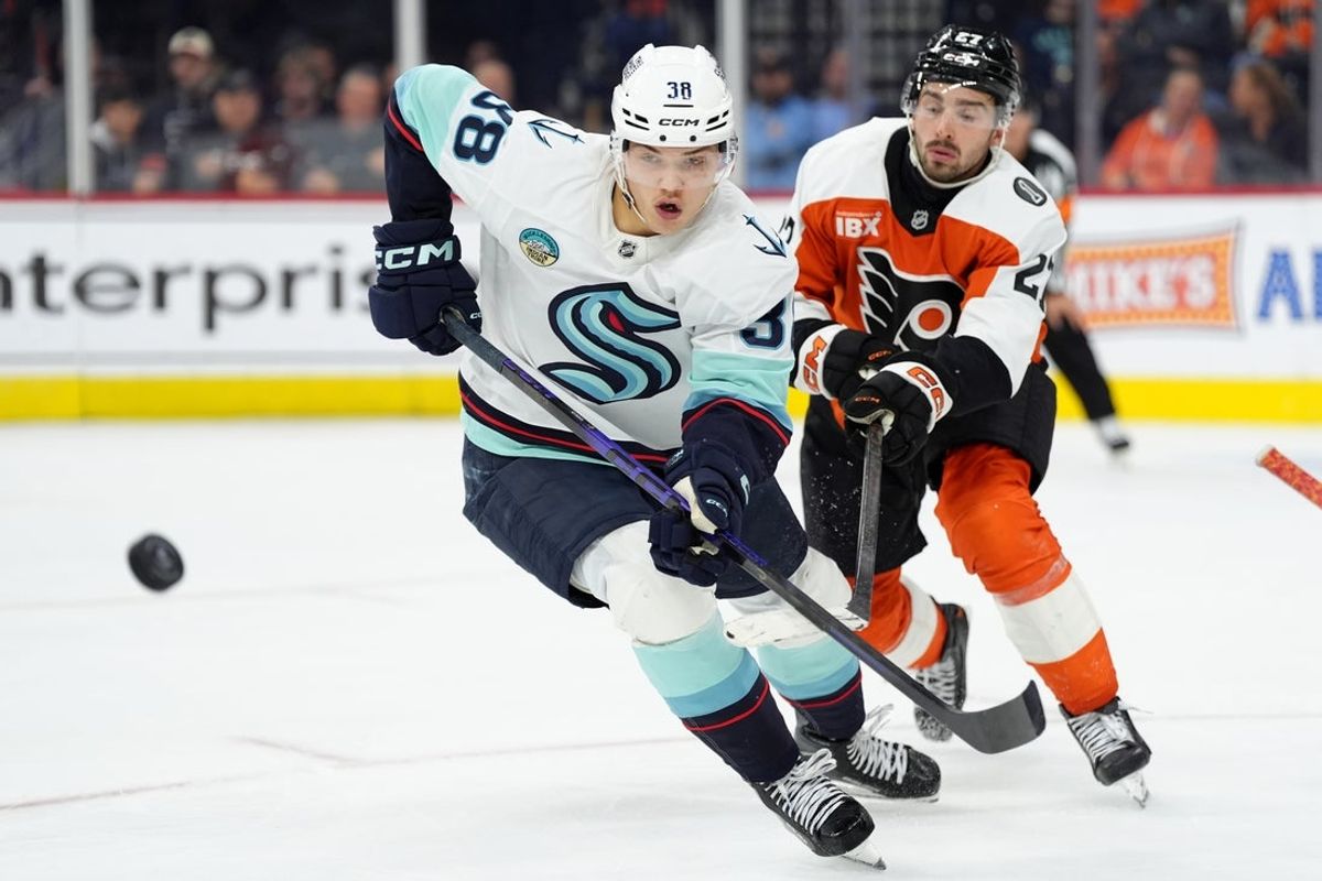 Oct 20, 2025; Philadelphia, Pennsylvania, USA; Seattle Kraken right wing Jani Nyman (38) chases the puck against the Philadelphia Flyers in the third period at Xfinity Mobile Arena. Mandatory Credit: Kyle Ross-Imagn Images