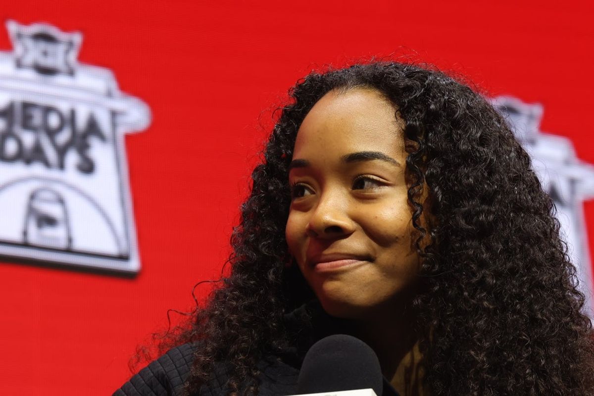 Oct 21, 2025; Kansas City, MO, USA; Utahís Lani White speaks to media during Big 12 Womenís Basketball Media Day at T-Mobile Center. Mandatory Credit: Sophia Scheller-Imagn Images