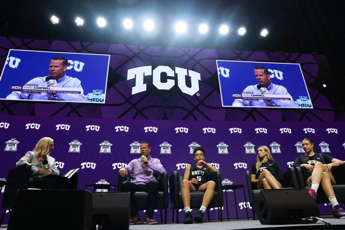 Oct 21, 2025; Kansas City, MO, USA; (From left) TCU head coach Mark Campbell and players Olivia Miles, Maddie Scherr and Marta Suarez speak to media during Big 12 Womenís Basketball Media Day at T-Mobile Center. Mandatory Credit: Sophia Scheller-Imagn Images