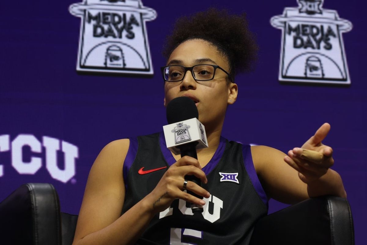 Oct 21, 2025; Kansas City, MO, USA; TCUís Olivia Miles speaks to media during Big 12 Womenís Basketball Media Day at T-Mobile Center. Mandatory Credit: Sophia Scheller-Imagn Images