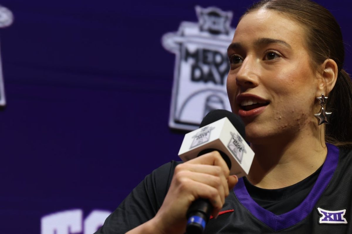 Oct 21, 2025; Kansas City, MO, USA; TCUís Marta Suarez speaks to media during Big 12 Womenís Basketball Media Day at T-Mobile Center. Mandatory Credit: Sophia Scheller-Imagn Images