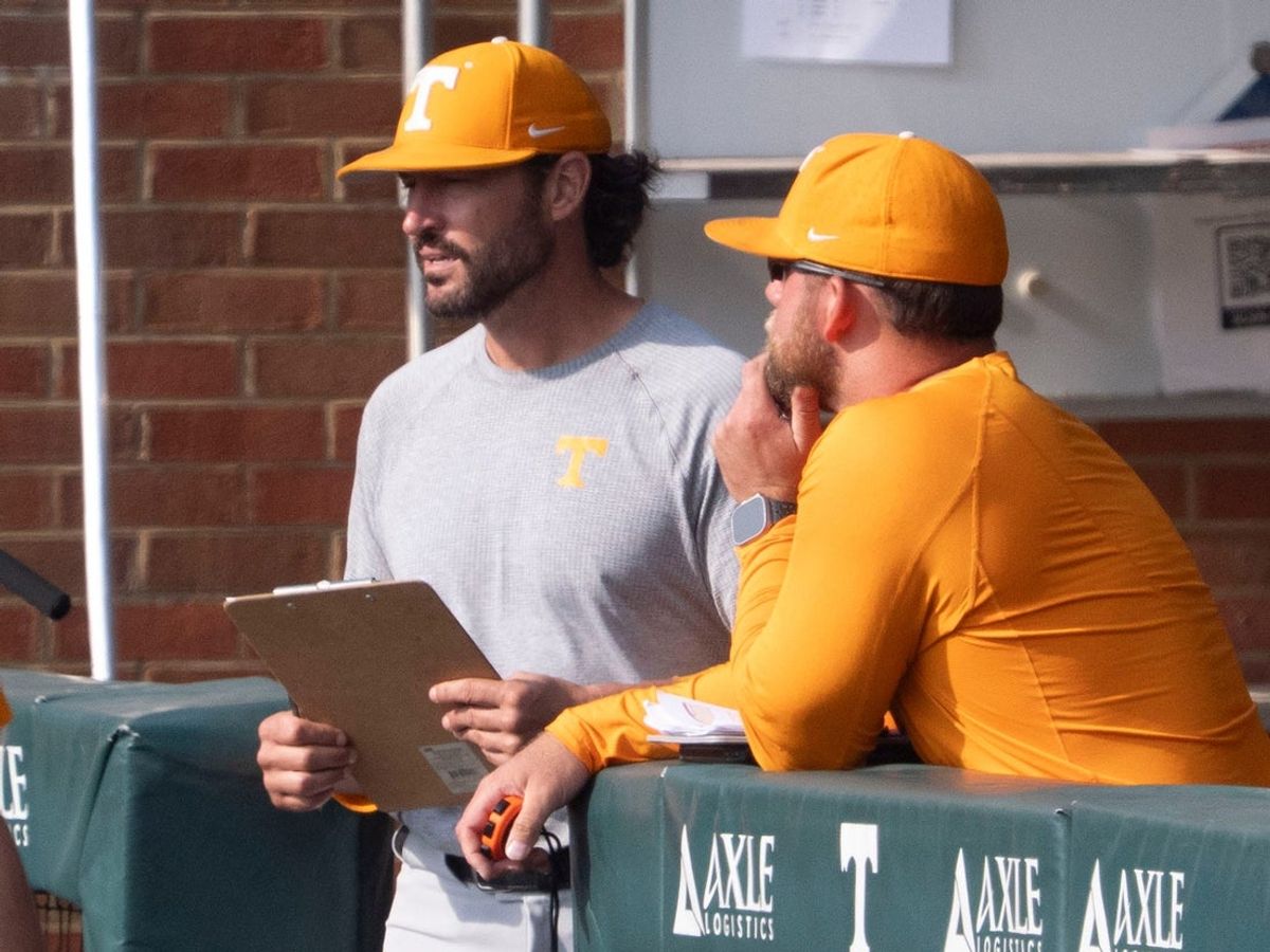 Tennessee baseball coach Tony Vitello and assistant coach Josh Elander at the Tennessee baseball scrimmage on October 21, 2025, in Knoxville, Tenn.