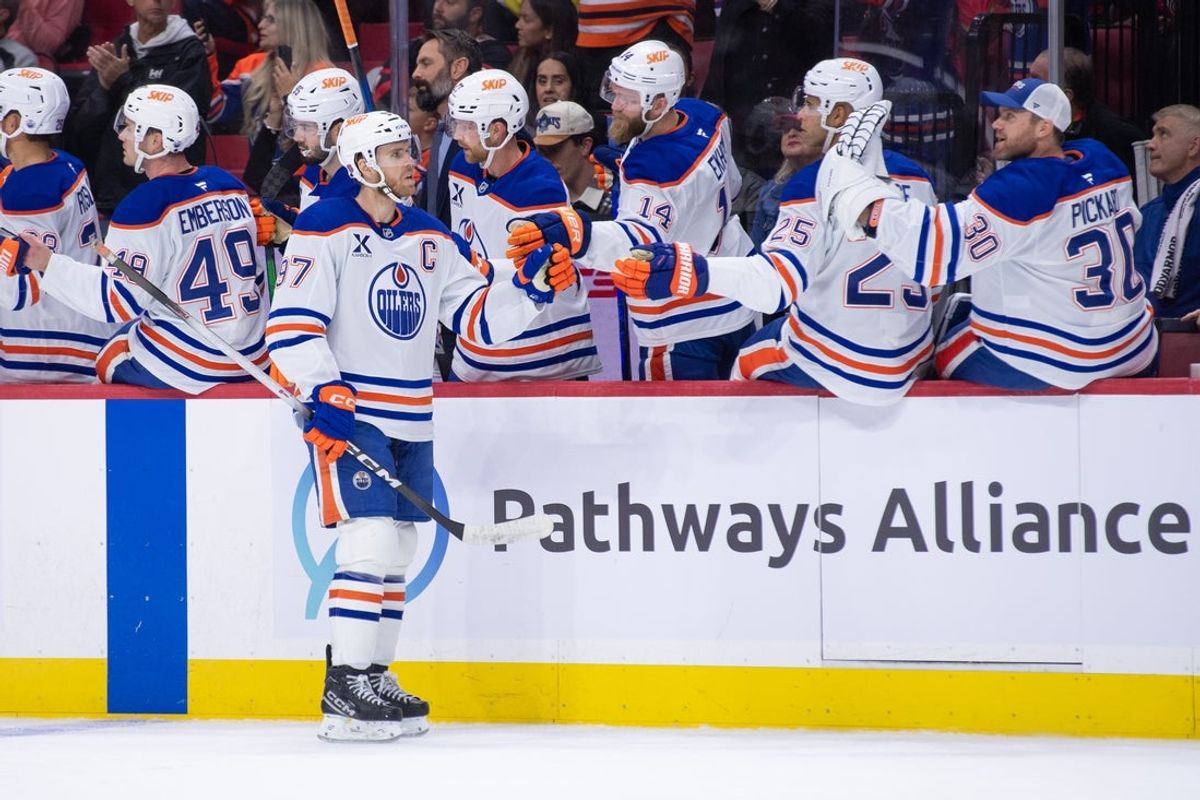 Oct 21, 2025; Ottawa, Ontario, CAN; Edmonton Oilers center Connor McDavid (97) celebrates a goal in the first period against the Ottawa Senators at the Canadian Tire Centre. Mandatory Credit: Marc DesRosiers-IMAGN Images