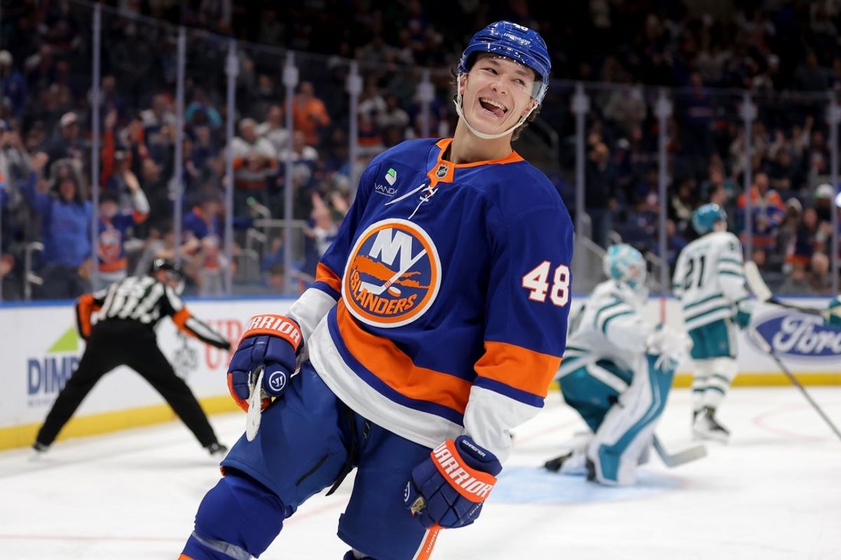 Oct 21, 2025; Elmont, New York, USA; New York Islanders defenseman Matthew Schaefer (48) celebrates his goal against the San Jose Sharks during the second period at UBS Arena. Mandatory Credit: Brad Penner-Imagn Images