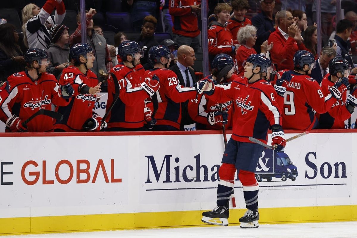 Oct 21, 2025; Washington, District of Columbia, USA; Washington Capitals defenseman Jakob Chychrun (6) celebrates with teammates after scoring a goal against the Seattle Kraken during the second period at Capital One Arena. Mandatory Credit: Geoff Burke-Imagn Images