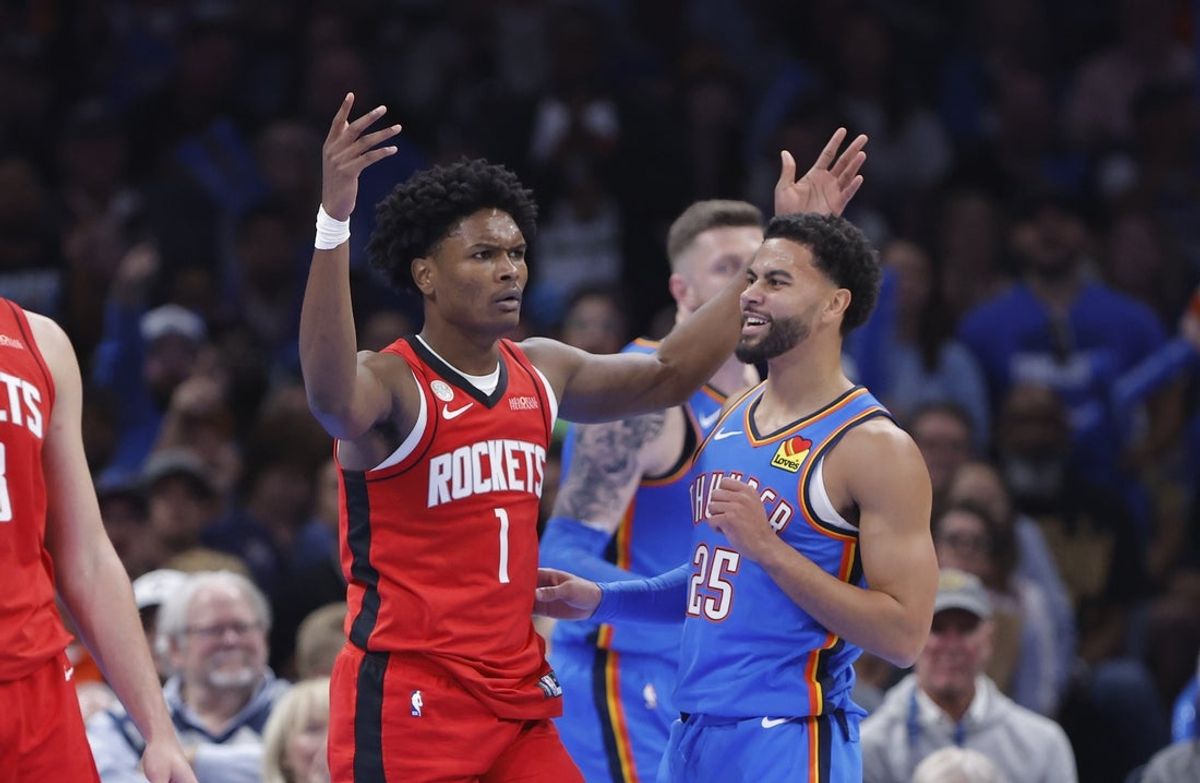 Oct 21, 2025; Oklahoma City, Oklahoma, USA; Houston Rockets guard Amen Thompson (1) reacts after a play against the Oklahoma City Thunder during the first half at Paycom Center. Mandatory Credit: Alonzo Adams-Imagn Images