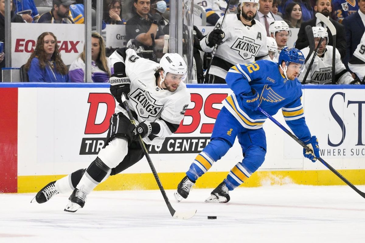 Oct 21, 2025; St. Louis, Missouri, USA; Los Angeles Kings right wing Adrian Kempe (9) controls the puck against the St. Louis Blues during the second period at Enterprise Center. Mandatory Credit: Jeff Curry-Imagn Images