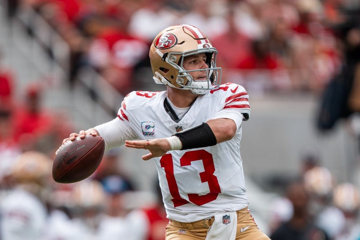 September 28, 2025; Santa Clara, California, USA; San Francisco 49ers quarterback Brock Purdy (13) during the third quarter against the Jacksonville Jaguars at Levi's Stadium. Mandatory Credit: Kyle Terada-Imagn Images
