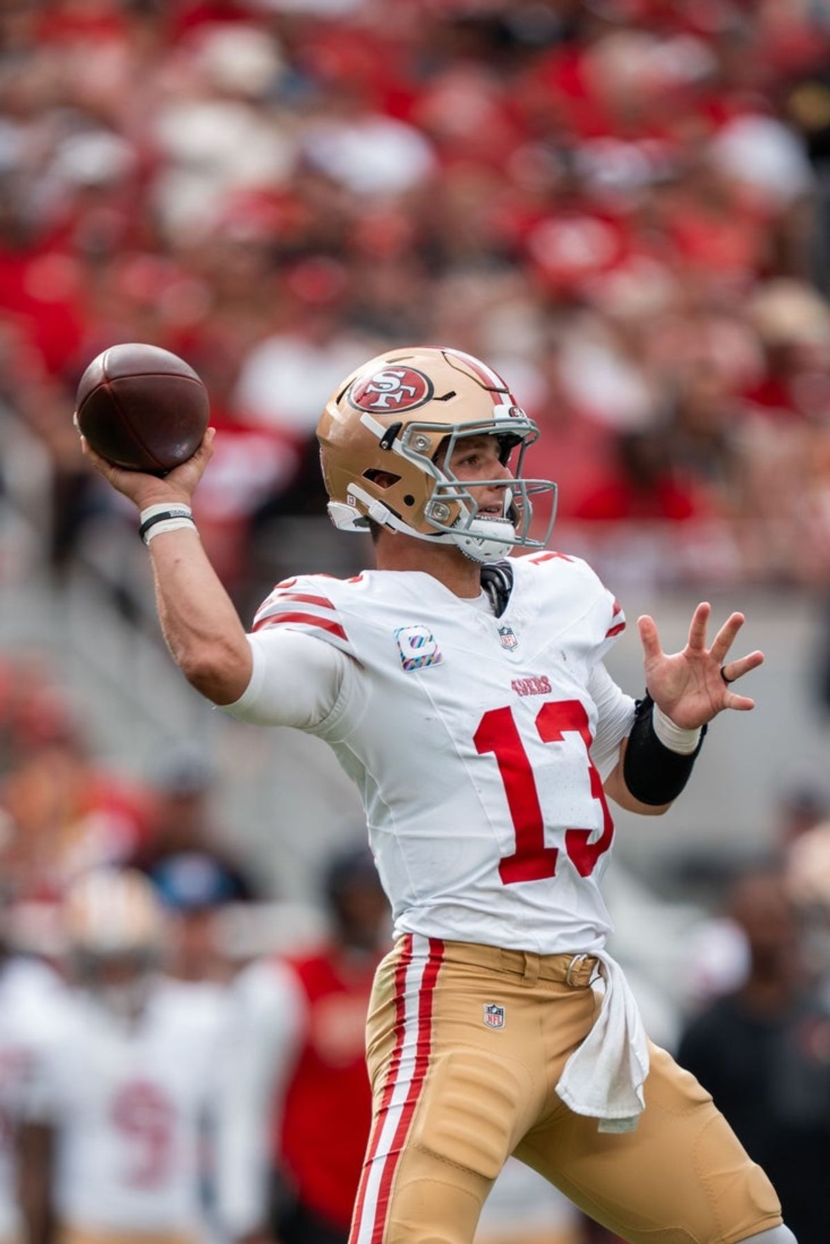 September 28, 2025; Santa Clara, California, USA; San Francisco 49ers quarterback Brock Purdy (13) during the third quarter against the Jacksonville Jaguars at Levi's Stadium. Mandatory Credit: Kyle Terada-Imagn Images