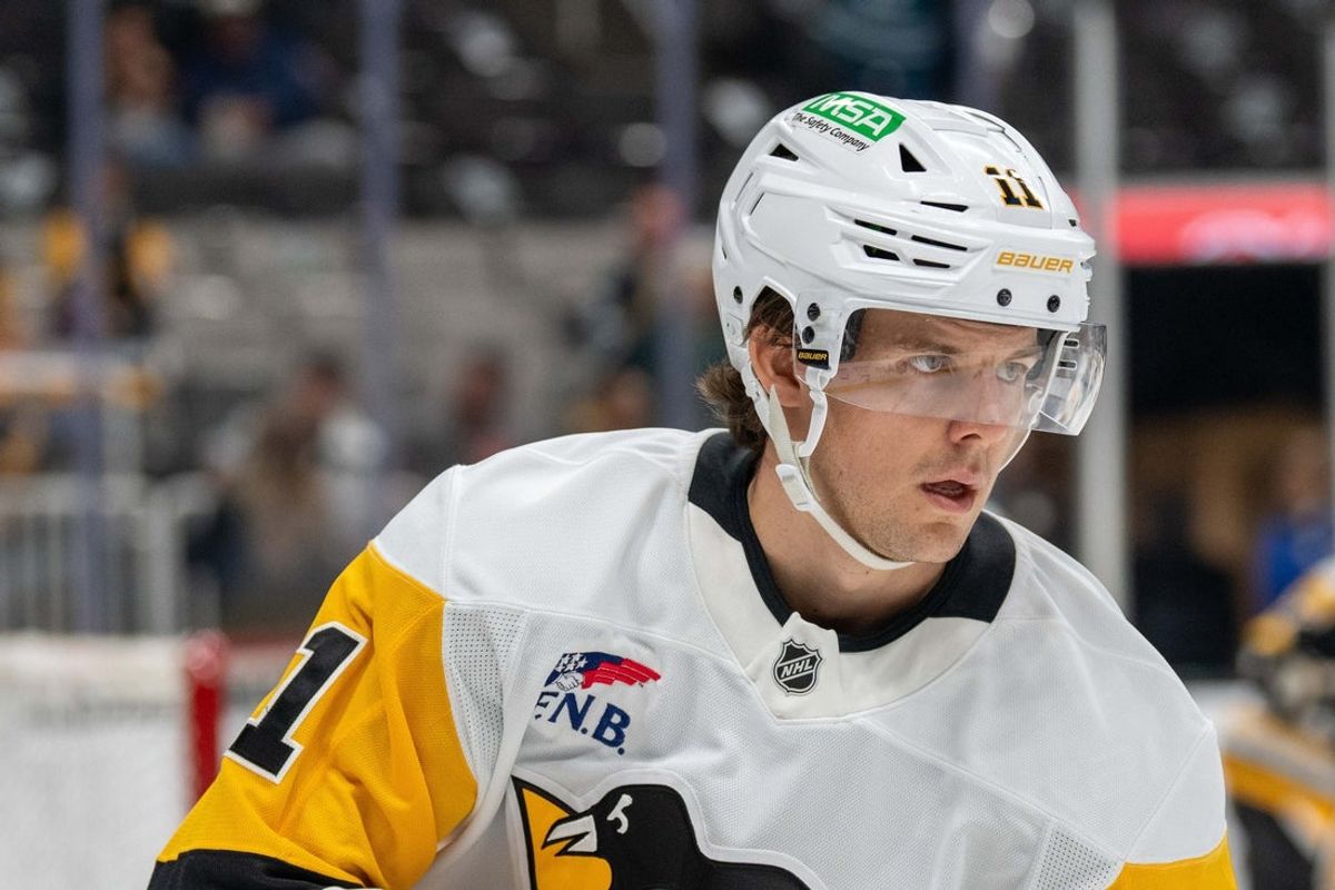 Oct 18, 2025; San Jose, California, USA; Pittsburgh Penguins center Filip Hallander (11) during the skate around before the start of the game against the San Jose Sharks at SAP Center at San Jose. Mandatory Credit: Neville E. Guard-Imagn Images