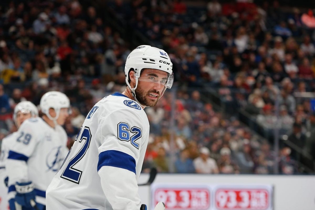 Oct 18, 2025; Columbus, Ohio, USA; Tampa Bay Lightning center Jack Finley (62) during the second period at Nationwide Arena. Mandatory Credit: Russell LaBounty-Imagn Images