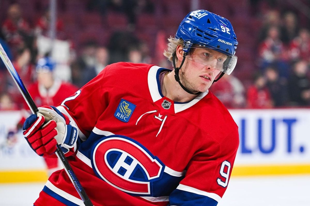 Oct 16, 2025; Montreal, Quebec, CAN; Montreal Canadiens right wing Patrik Laine (92) looks on during warm-up before the game against the Nashville Predators at Bell Centre. Mandatory Credit: David Kirouac-Imagn Images