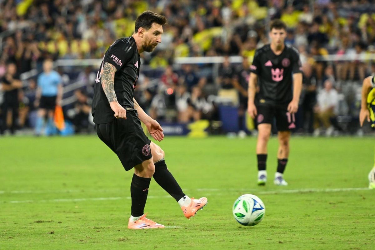 Oct 18, 2025; Nashville, Tennessee, USA;  Inter Miami forward Lionel Messi (10) scores on a penalty kick against Nashville SC during the second half at Geodis Park. Mandatory Credit: Steve Roberts-Imagn Images