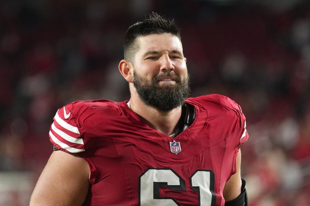 Oct 19, 2025; Santa Clara, California, USA; San Francisco 49ers center Matt Hennessy (61) after the game against the Atlanta Falcons at Levi's Stadium. Mandatory Credit: Darren Yamashita-Imagn Images