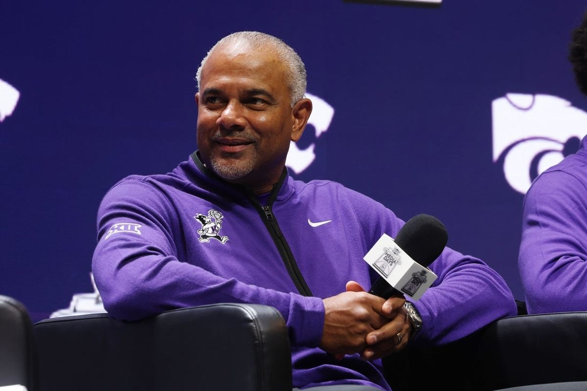 Oct 22, 2025; Kansas City, MO, USA; Kansas State head coach Jerome Tang speaks to media during Big 12 media day at T-Mobile Center. Mandatory Credit: Sophia Scheller-Imagn Images