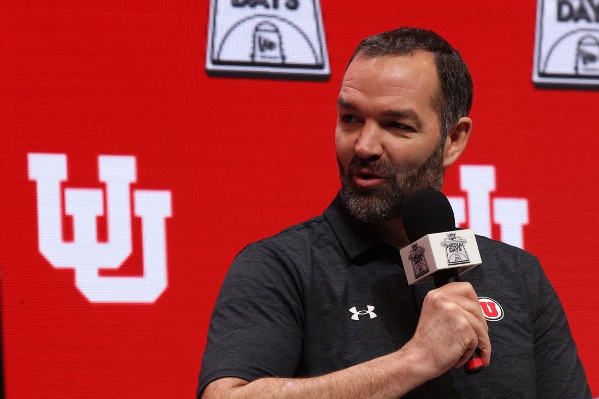 Oct 22, 2025; Kansas City, MO, USA; Utah head coach Alex Jensen speaks to media during Big 12 Menís Basketball media day at T-Mobile Center. Mandatory Credit: Sophia Scheller-Imagn Images
