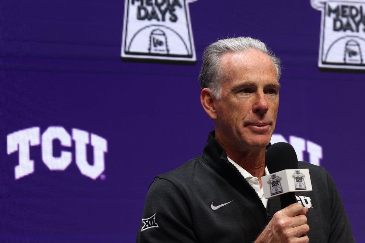 Oct 22, 2025; Kansas City, MO, USA; TCU head coach Jamie Dixon speaks to media during Big 12 Menís Basketball media day at T-Mobile Center. Mandatory Credit: Sophia Scheller-Imagn Images