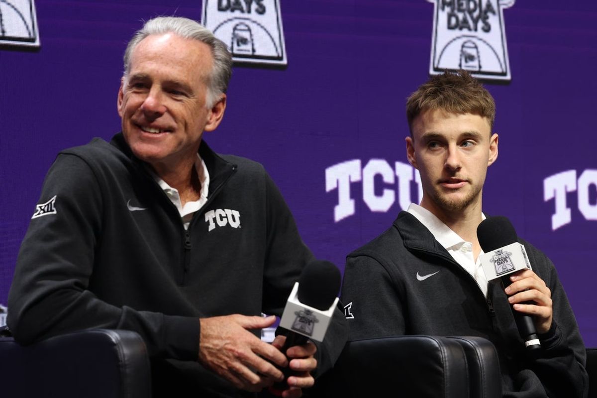 Oct 22, 2025; Kansas City, MO, USA; TCUís Brock Harding (right) speaks to media alongside head coach Jamie Dixon (left) during Big 12 Menís Basketball media day at T-Mobile Center. Mandatory Credit: Sophia Scheller-Imagn Images