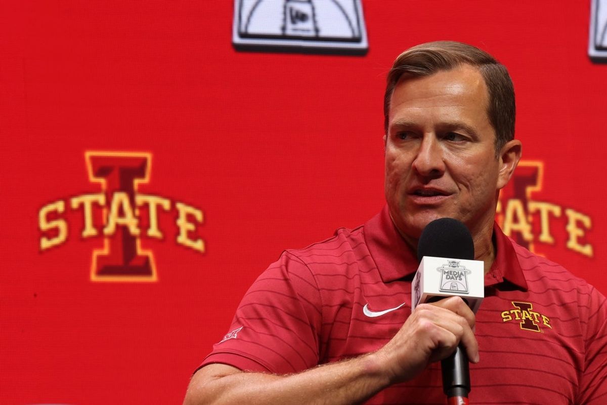 Oct 22, 2025; Kansas City, MO, USA; Iowa State head coach T.J. Otzelberger speaks to media during Big 12 Menís Basketball media day at T-Mobile Center. Mandatory Credit: Sophia Scheller-Imagn Images