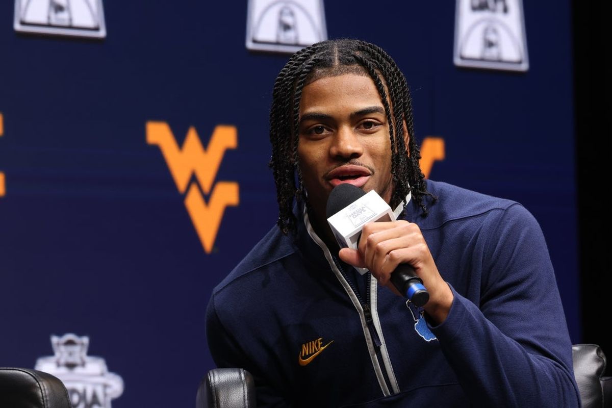 Oct 22, 2025; Kansas City, MO, USA; West Virginias Jasper Floyd speaks to media during Big 12 Menís Basketball media day at T-Mobile Center. Mandatory Credit: Sophia Scheller-Imagn Images