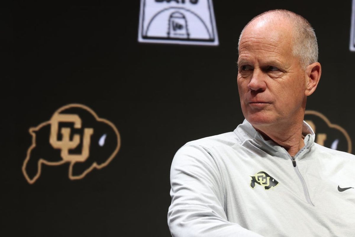 Oct 22, 2025; Kansas City, MO, USA; Colorado head coach Tad Boyle speaks to media during Big 12 Menís Basketball media day at T-Mobile Center. Mandatory Credit: Sophia Scheller-Imagn Images