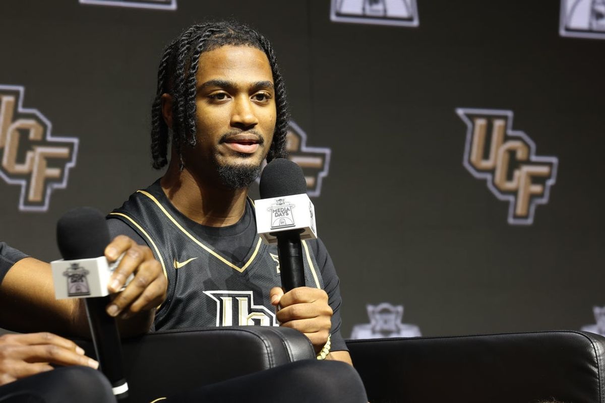 Oct 22, 2025; Kansas City, MO, USA; UCFs Themus Fulks speaks to media during Big 12 Menís Basketball media day at T-Mobile Center. Mandatory Credit: Sophia Scheller-Imagn Images