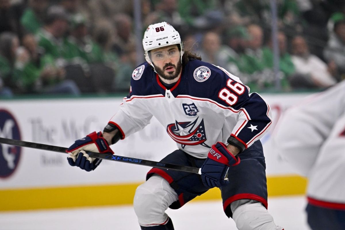 Oct 21, 2025; Dallas, Texas, USA; Columbus Blue Jackets right wing Kirill Marchenko (86) skates in the Dallas Stars zone during the game between the Stars and the Blue Jackets at the American Airlines Center. Mandatory Credit: Jerome Miron-Imagn Images