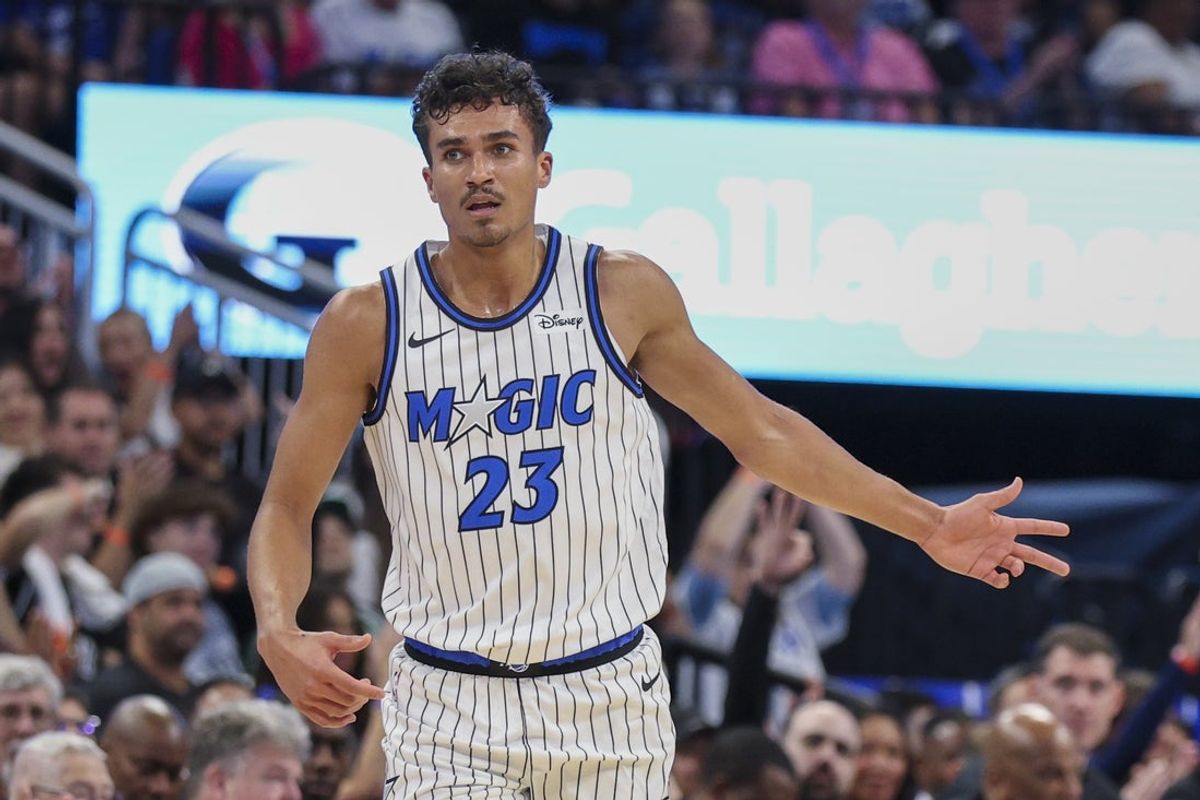 Oct 22, 2025; Orlando, Florida, USA; Orlando Magic forward Tristan da Silva (23) reacts after making a three point basket against the Miami Heat in the second quarter at Kia Center. Mandatory Credit: Nathan Ray Seebeck-Imagn Images