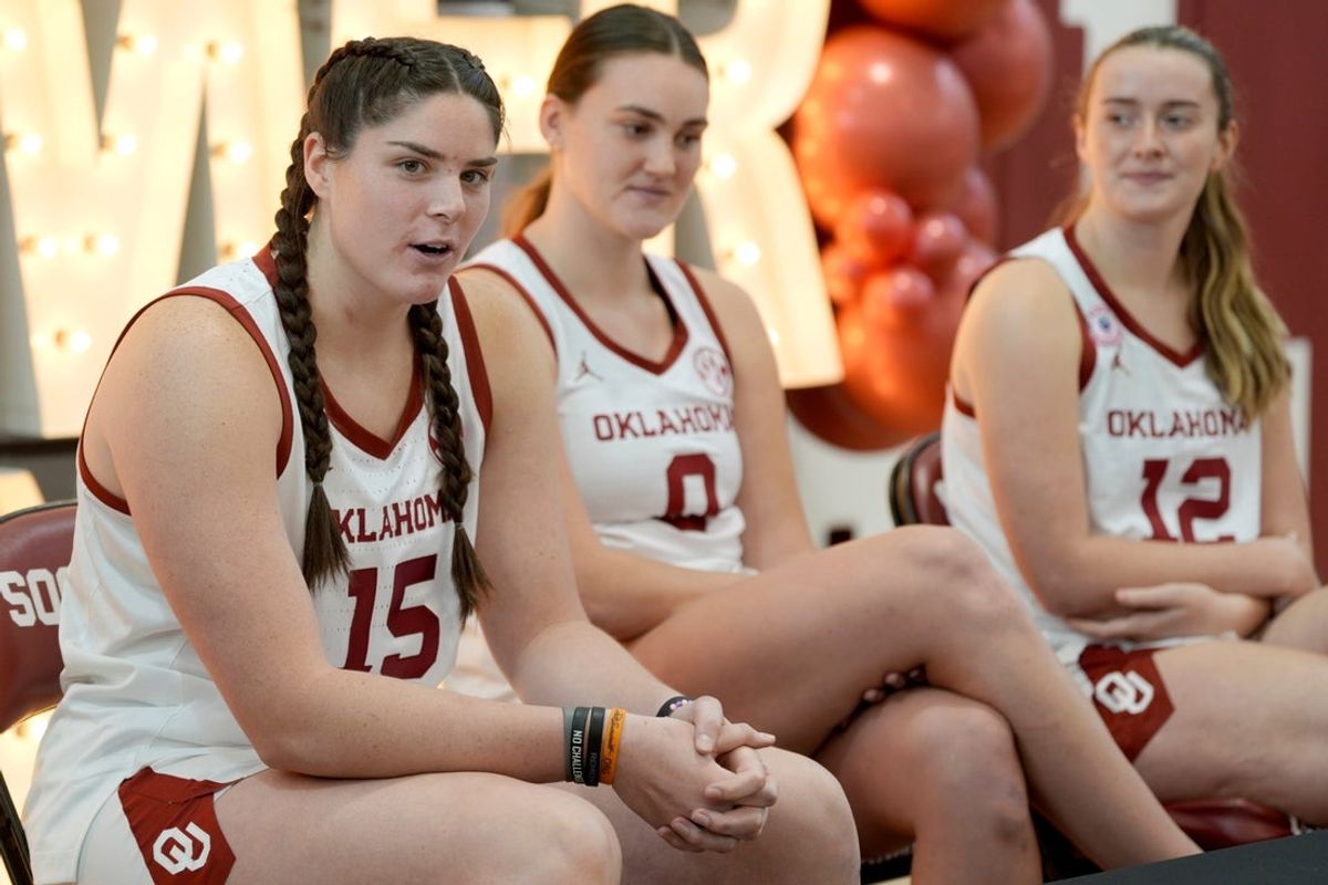 Oklahoma Sooners center Raegan Beers (15) speaks during a media day for the Sooners on the University of Oklahoma campus in Norman, Okla., Wednesday, Oct. 22, 2025.