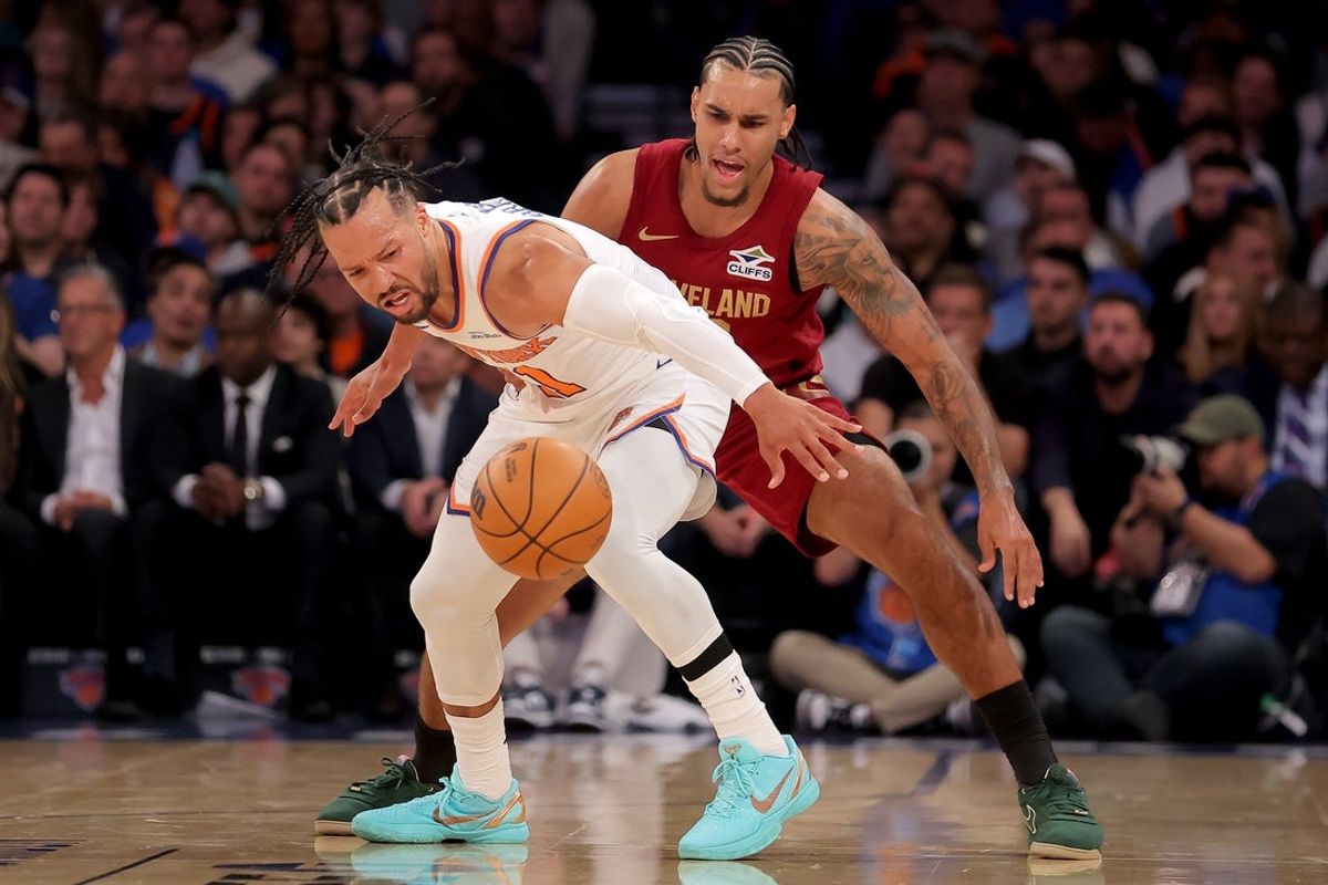 Oct 22, 2025; New York, New York, USA; Cleveland Cavaliers guard Jaylon Tyson (20) knocks the ball away from New York Knicks guard Jalen Brunson (11) during the first quarter at Madison Square Garden. Mandatory Credit: Brad Penner-Imagn Images