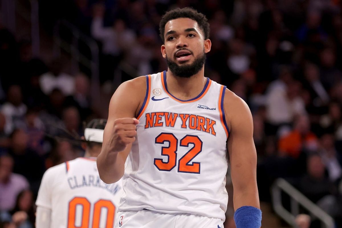 Oct 22, 2025; New York, New York, USA; New York Knicks center Karl-Anthony Towns (32) reacts during the fourth quarter against the Cleveland Cavaliers at Madison Square Garden. Mandatory Credit: Brad Penner-Imagn Images