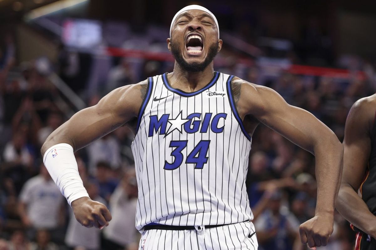 Oct 22, 2025; Orlando, Florida, USA; Orlando Magic center Wendell Carter Jr. (34) reacts after a play against the Miami Heat in the fourth quarter at Kia Center. Mandatory Credit: Nathan Ray Seebeck-Imagn Images