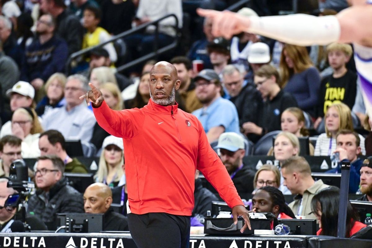Oct 16, 2025; Salt Lake City, Utah, USA; Portland Trail Blazers head coach Chauncey Billups gives instructions to his team during the first half against the Utah Jazz at Delta Center. Mandatory Credit: Peter Creveling-Imagn Images