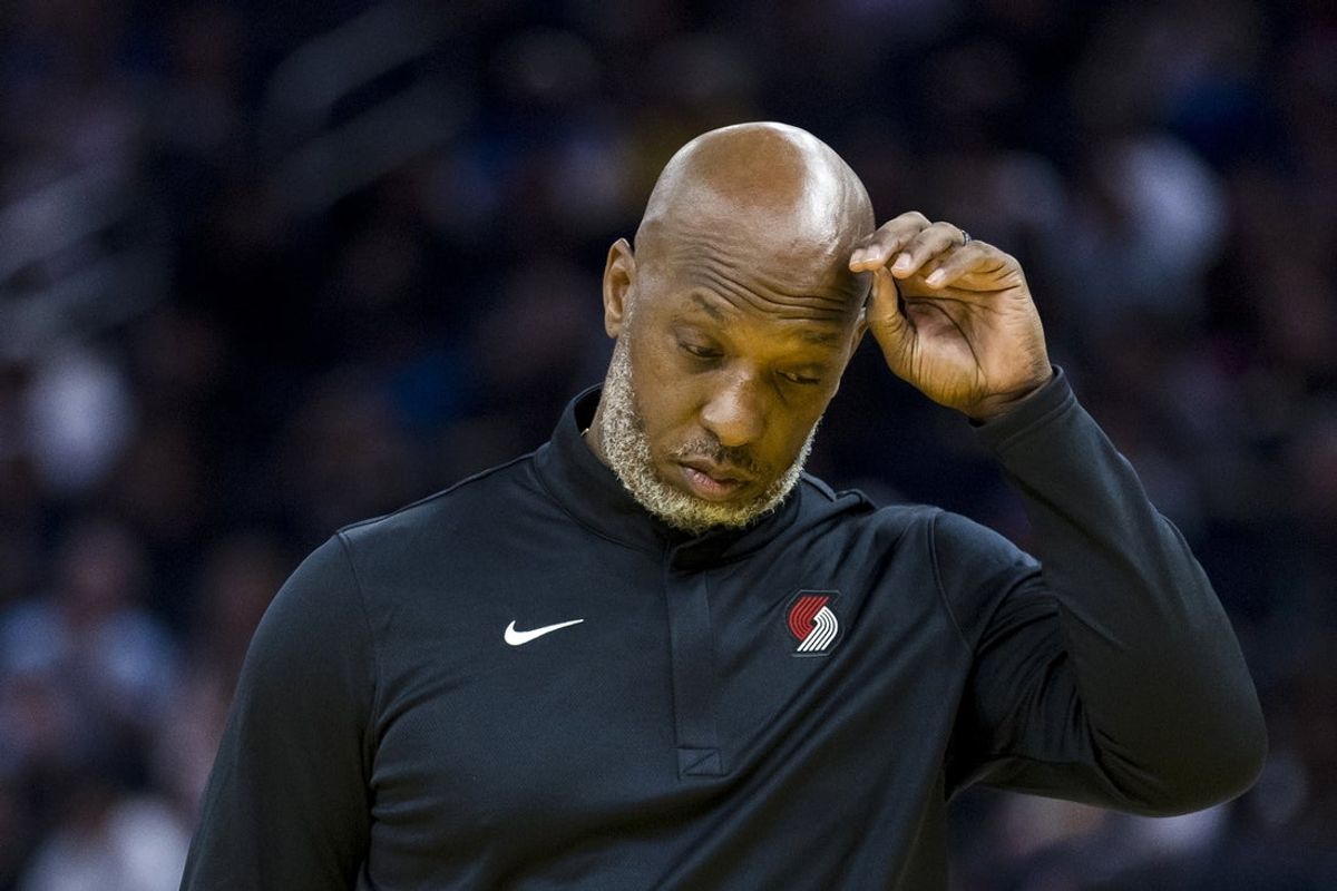 Oct 8, 2025; San Francisco, California, USA;  Portland Trail Blazers Head Coach Chauncey Billups reacts during a time-out in the second quarter against the Golden State Warriors at Chase Center. Mandatory Credit: John Hefti-Imagn Images