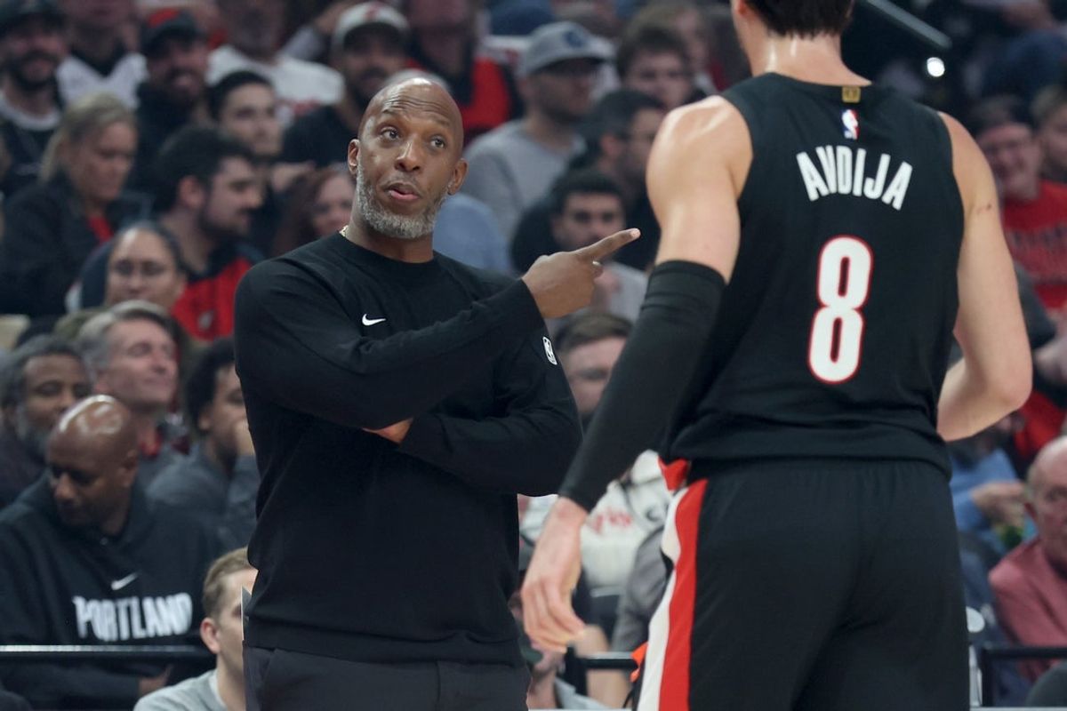 Oct 22, 2025; Portland, Oregon, USA;  Portland Trail Blazers head coach Chauncey Billups talks with Portland Trail Blazers forward Deni Avdija (8) in a game against the Minnesota Timberwolves at Moda Center. Mandatory Credit: Jaime Valdez-Imagn Images