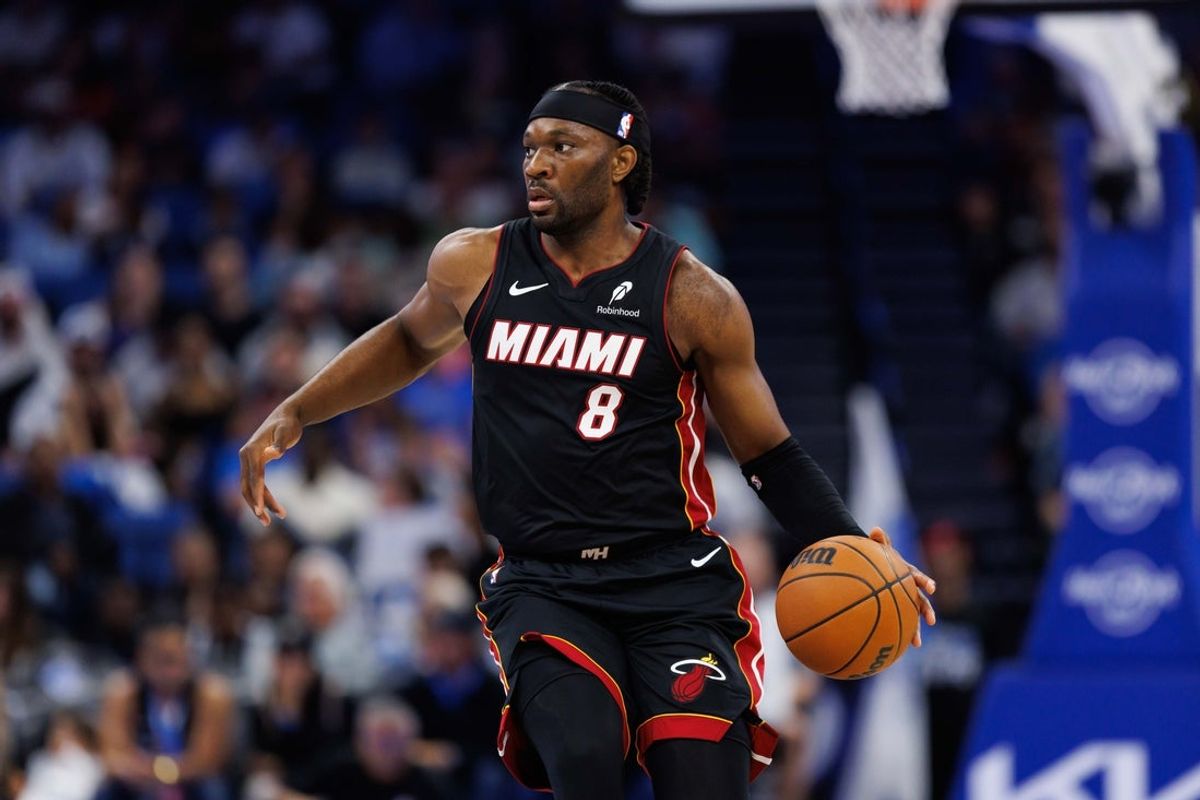 Oct 12, 2025; Orlando, Florida, USA; Miami Heat forward Precious Achiuwa (5) drives to the basket against the Orlando Magic during the first half at Kia Center. Mandatory Credit: Matt Pendleton-Imagn Images