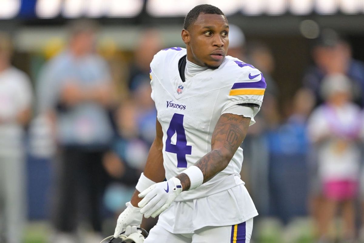 Oct 23, 2025; Inglewood, California, USA; Minnesota Vikings wide receiver Rondale Moore (4) practices before the game against the Los Angeles Chargers at SoFi Stadium. Mandatory Credit: Jayne Kamin-Oncea-Imagn Images