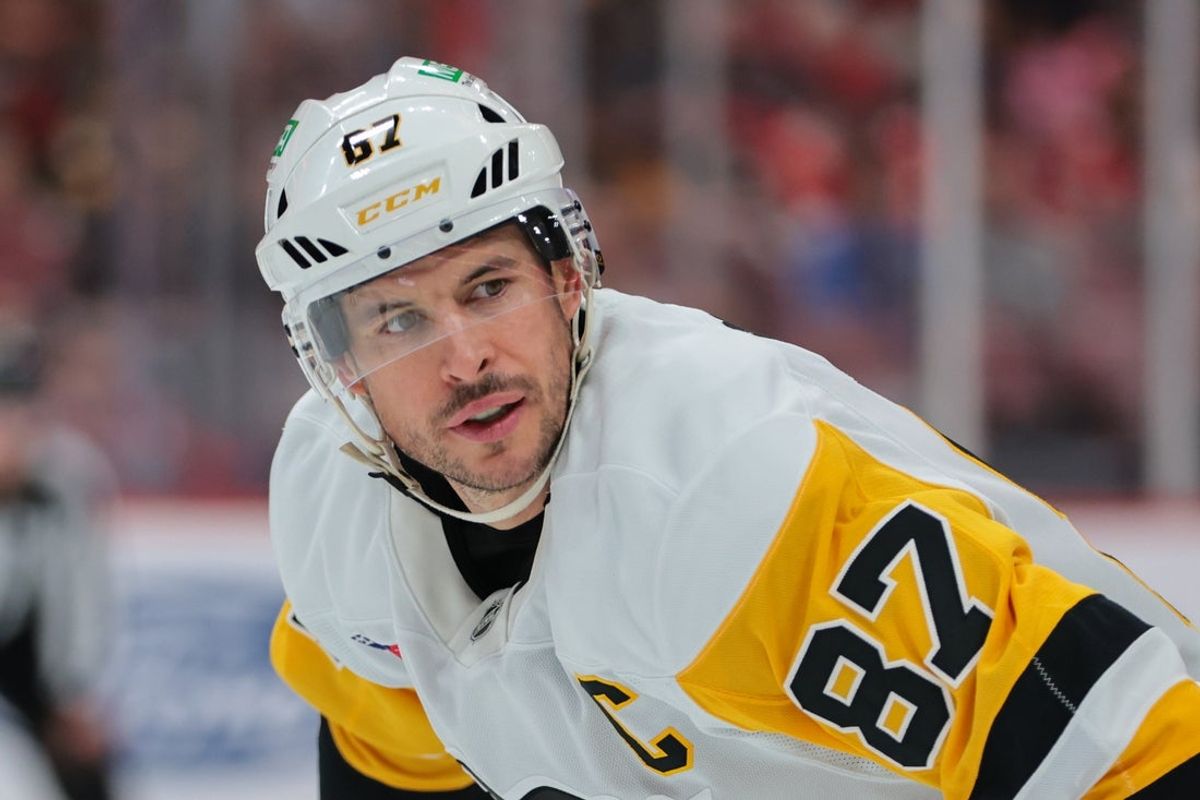 Oct 23, 2025; Sunrise, Florida, USA; Pittsburgh Penguins center Sidney Crosby (87) looks ok against the Florida Panthers during the first period at Amerant Bank Arena. Mandatory Credit: Sam Navarro-Imagn Images