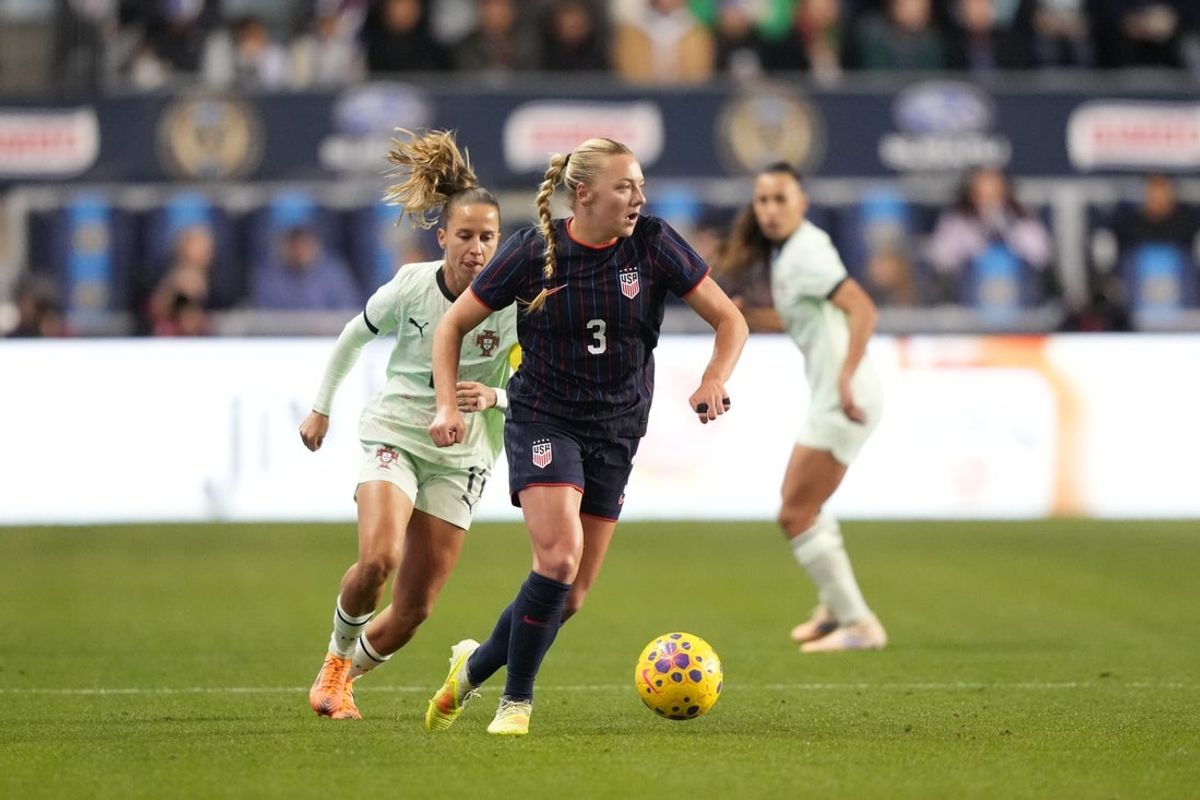 Oct 23, 2025; Chester, Pennsylvania, USA; United States defender Avery Patterson (3) controls the ball against Portugal in the first half at Subaru Park. Mandatory Credit: Kyle Ross-Imagn Images