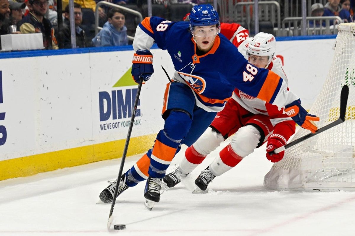 Oct 23, 2025; Elmont, New York, USA;  New York Islanders defenseman Matthew Schaefer (48) skates from behind the net chased by Detroit Red Wings left wing Lucas Raymond (23) during the first period at UBS Arena. Mandatory Credit: Dennis Schneidler-Imagn Images