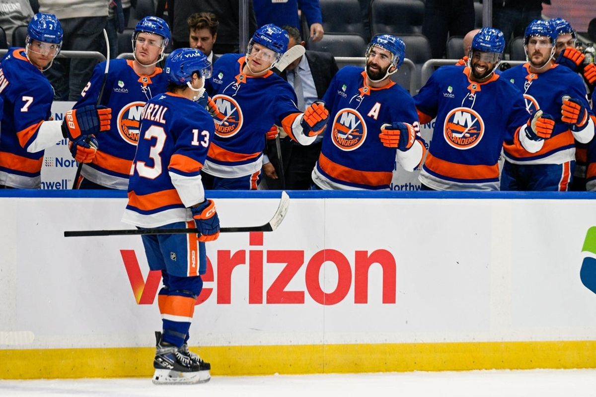 Oct 23, 2025; Elmont, New York, USA;  New York Islanders center Mathew Barzal (13) celebrates his goal against the Detroit Red Wings during the second period at UBS Arena. Mandatory Credit: Dennis Schneidler-Imagn Images