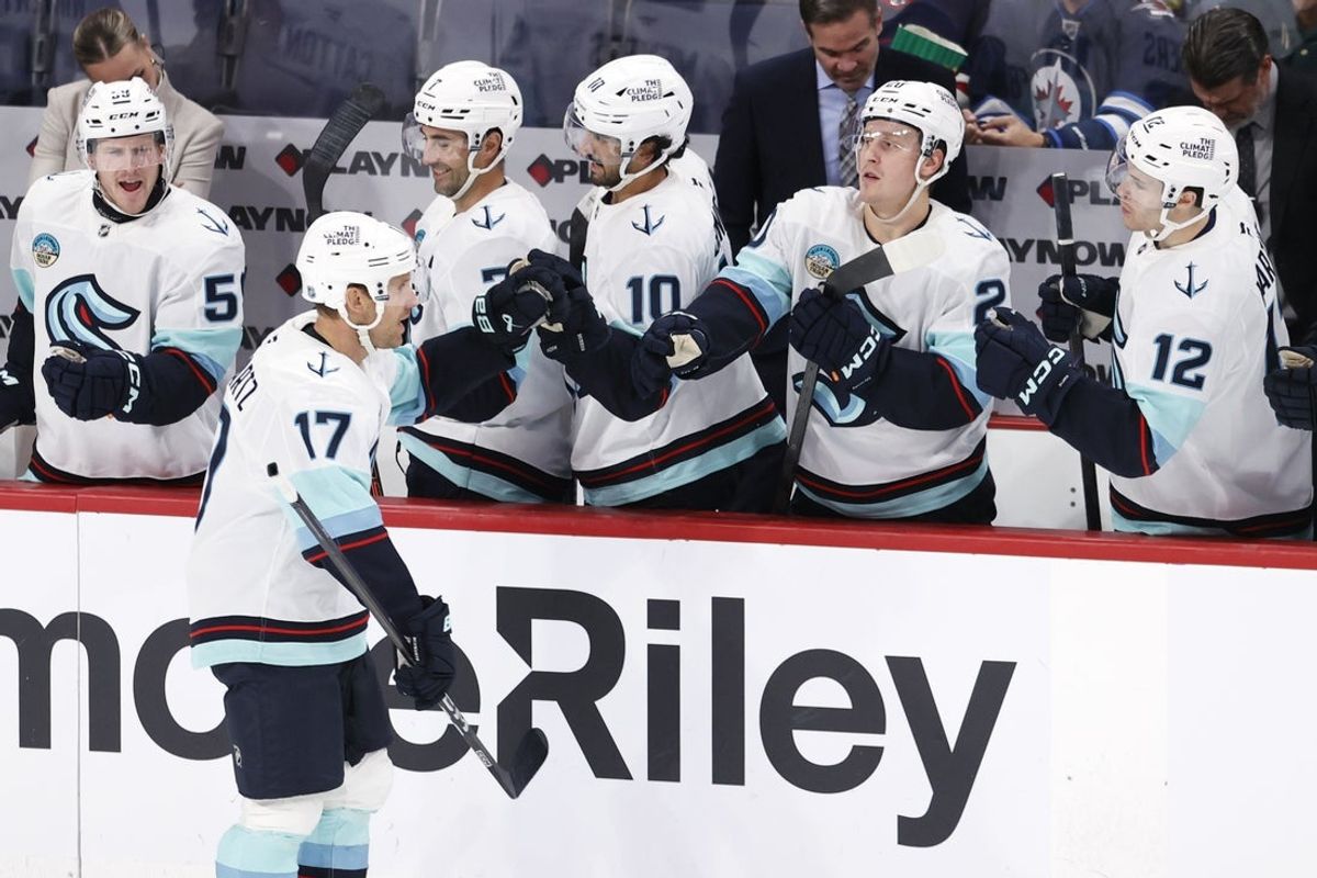 Oct 23, 2025; Winnipeg, Manitoba, CAN; Seattle Kraken left wing Jaden Schwartz (17) celebrates his goal against the Winnipeg Jets in the second period at Canada Life Centre. Mandatory Credit: James Carey Lauder-Imagn Images