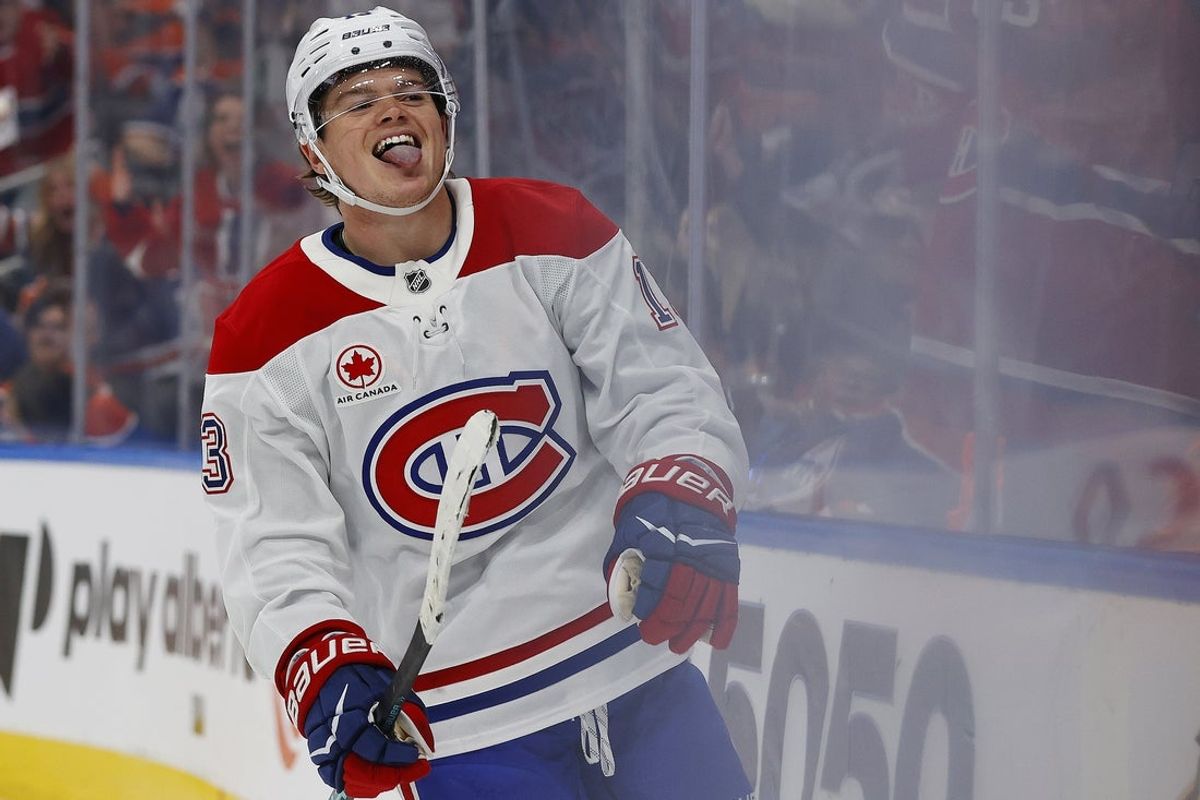 Oct 23, 2025; Edmonton, Alberta, CAN; Montreal Canadiens forward Cole Caufield (13) celebrates his goal, scored during period against the Edmonton Oilers at Rogers Place. Mandatory Credit: Perry Nelson-Imagn Images