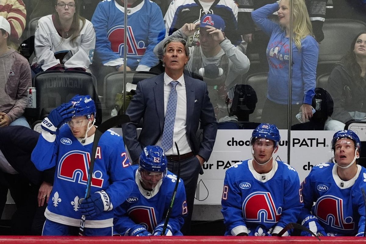 Oct 23, 2025; Denver, Colorado, USA; Colorado Avalanche head coach Jared Bednar during the third period against the Carolina Hurricanes at Ball Arena. Mandatory Credit: Ron Chenoy-Imagn Images