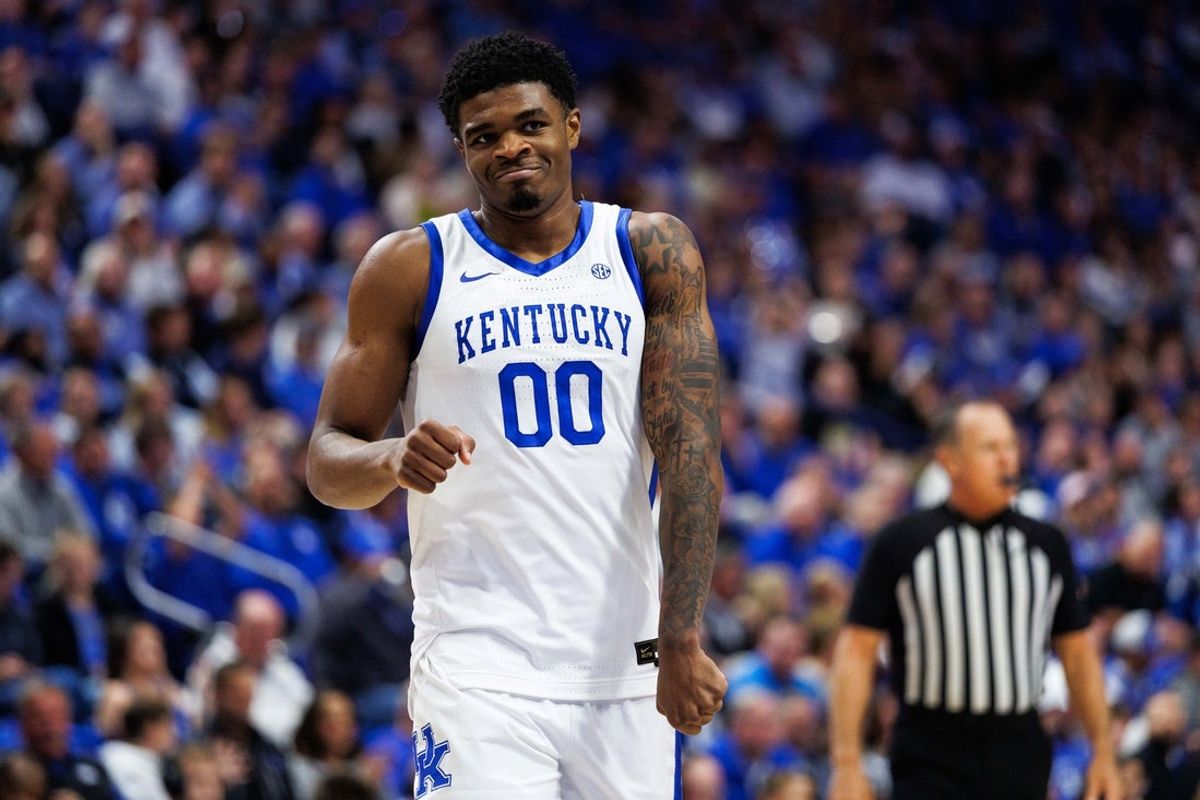 Oct 24, 2025; Lexington, KY, USA; Kentucky Wildcats guard Otega Oweh (00) celebrates during the second half against the Purdue Boilermakers at Rupp Arena at Central Bank Center. Mandatory Credit: Jordan Prather-Imagn Images